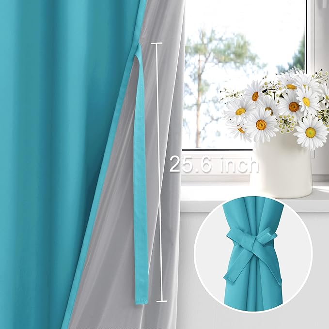 XWZO 100% Blackout Curtains 84 Inches Long with Tiebacks- Privacy Protection & Noise Blocking Window Draperies Grommet Top with Black Liner for Bedroom/Living Room, Turquoise, W60 x L84, Set of 2