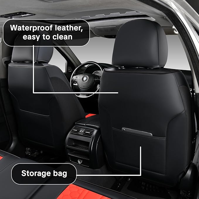 Red Car Seat Covers Full Set – Luxury Waterproof Leather Auto Seat Protector with Airbag Compatible Design, Breathable Non-Slip Cushion, Easy Installation, Fits Most Cars