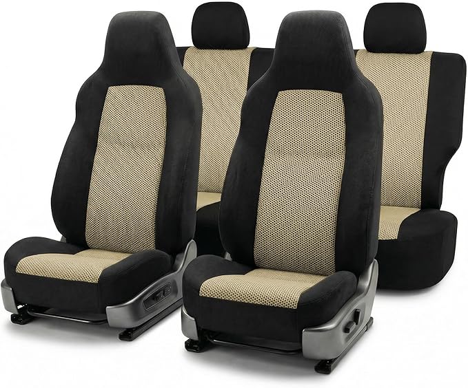 FH Group Automotive Full Car Seat Covers for SUV, Trucks, Sedan and More - Universal Fit Front High Back & Rear Solid Bench Design Interior Accessories - 3D Air Mesh Fabric Center Panel - Beige