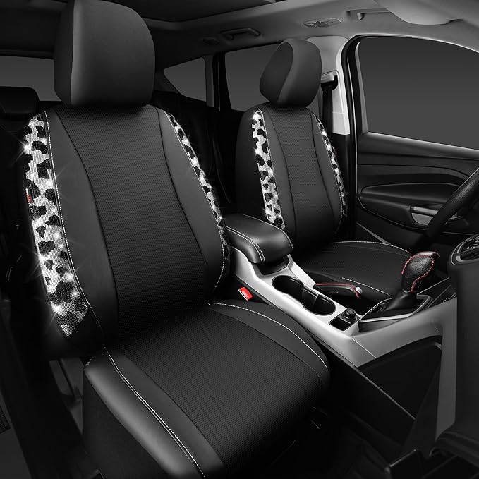 CAR PASS Cow Diamond Leather Bling Car Seat Covers Universal, Faux Shining Rhinestones Two Front only, Fit 95% Automotive Glitter Crystal Sparkle Strips for Cute Women Girl, 2PCS Cow Silver Diamond