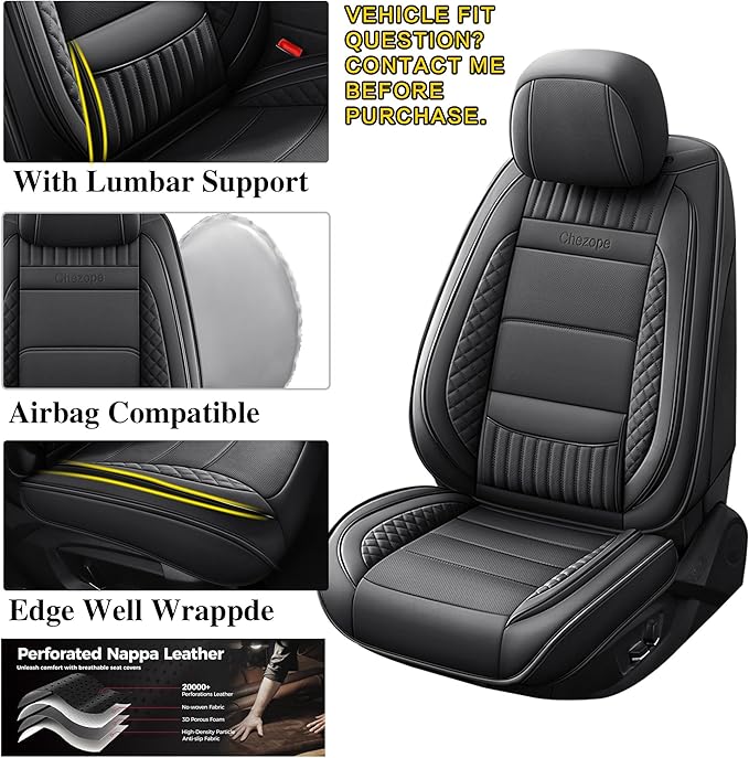 Chezope Leather Seat Covers, Black Car Seat Covers Front Pair, Breathable Car Seat Protectors, Wear-Resistant Car Accessories, Universal Fit for Most Cars,SUVs Truck (Black-Stripes, Front Pair)