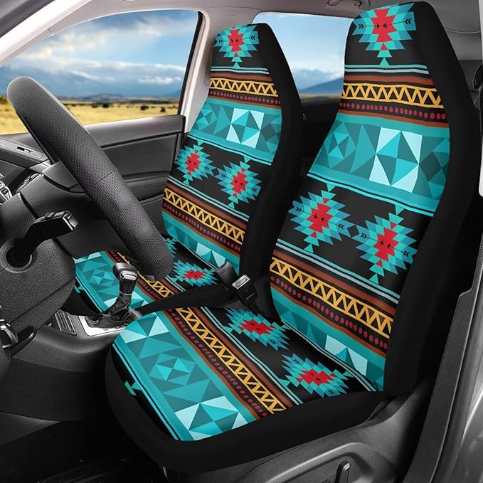 ELEQIN Aztec Turquoise Car Seat Covers Two Front Only for Car, Automotive Interior Covers, Airbag Compatible, Quick Setup Universal Fit Seat Covers for Car, Truck, SUV