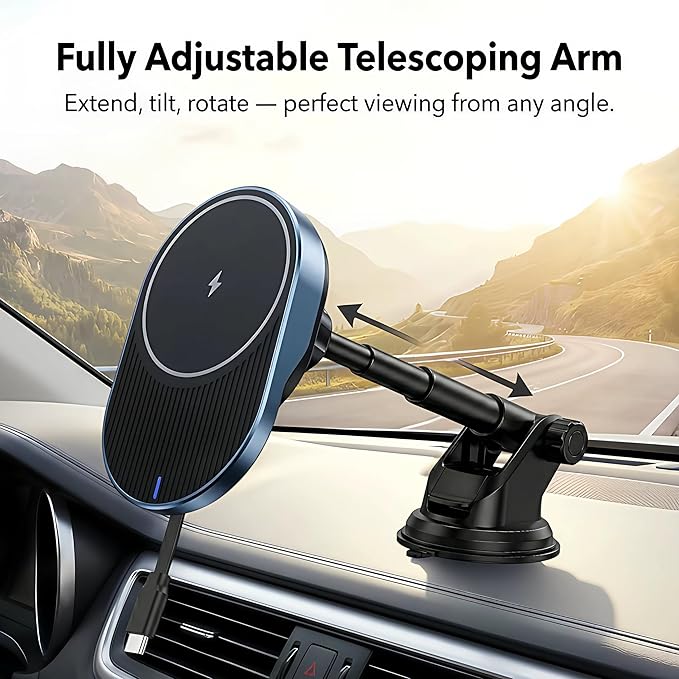 IJS Magnetic Wireless Car Charger with Built-in Retractable Cable – Extendable Windshield & Dashboard Phone Mount – 15W Magsafe Compatible – Fast Charging for iPhone 17/16/15/14/13/12, Samsung, Pixel