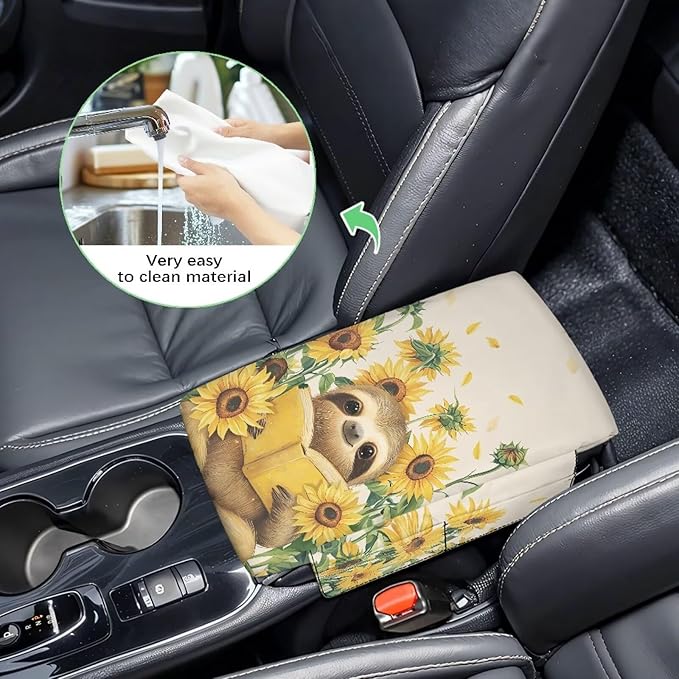 Dreaweet Car Console Covers with Pockets Cute Sunflower Sloth Arm Rest Cover for Car Women Thick Car Armrest Cushion Pad Universal Fit Most Vehicle SUV Trucks Sedan Van