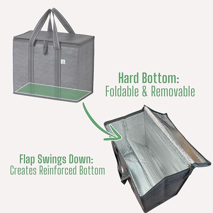 VENO 2 Pack Cooler Bag and Insulated Grocery Bags for Food Delivery, Collapsible Cooler. Reusable Shopping Bags for Groceries with Hard Bottom, Zippered Top, Foldable, Heavy-Duty (Gray, 2 Pack)
