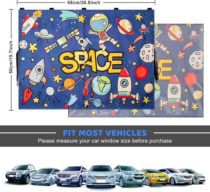 Car Sun Shade Side Window, 2pcs Magnetic Double Layer Car Window Shades for Privacy Full Covers/Half Shade Options Cute Space Pattern Side Window Curtains for Kids