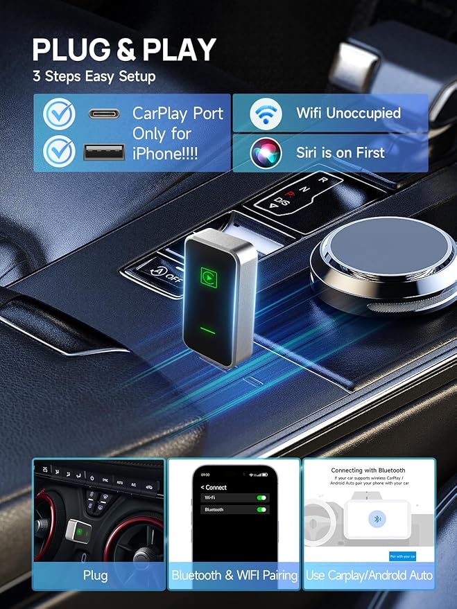 Moman Wireless CarPlay Adapter, Plug & Play Car Play in-Dash Converter for iOS 10+ & Android Auto with USB-A/USB-C Convert Wired to Wireless for 800+ Cars (2016+)