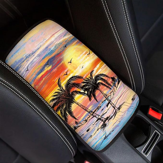 Beach Palam Tree Car Center Console Cover Washable Car Accessories Cars Armrest Box Pad for Comfortable Support, Universal Armrest Cover for Vehicles Truck SUV