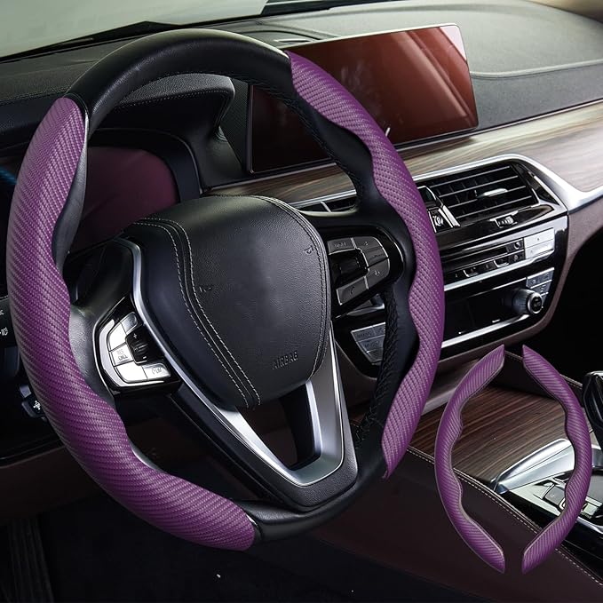 WOCOCN 2pcs Car Steering Wheel Cover,Anti-Skid Carbon Fiber Steering Wheel Protector for Men Women,Multiple Color Options,Universal for Most Car Interiors Accessories (NewPurple)