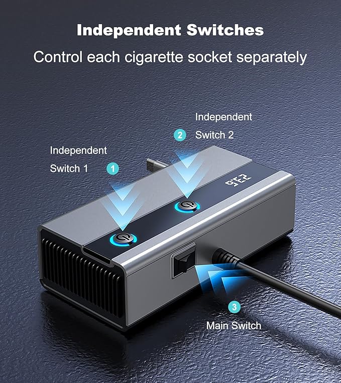 Retractable Cigarette Lighter Splitter, USB Car Charger Adapter with PD 65W, 2 Sockets with Independent Switches, TSNAM 12V/24V Car Splitter with LED Display