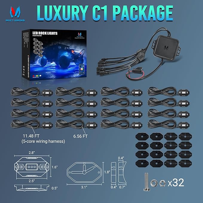 MICTUNING C1 16 Pods RGBW LED Rock Lights - Multicolor Underglow Neon Light Kit with Bluetooth Controller, APP Control