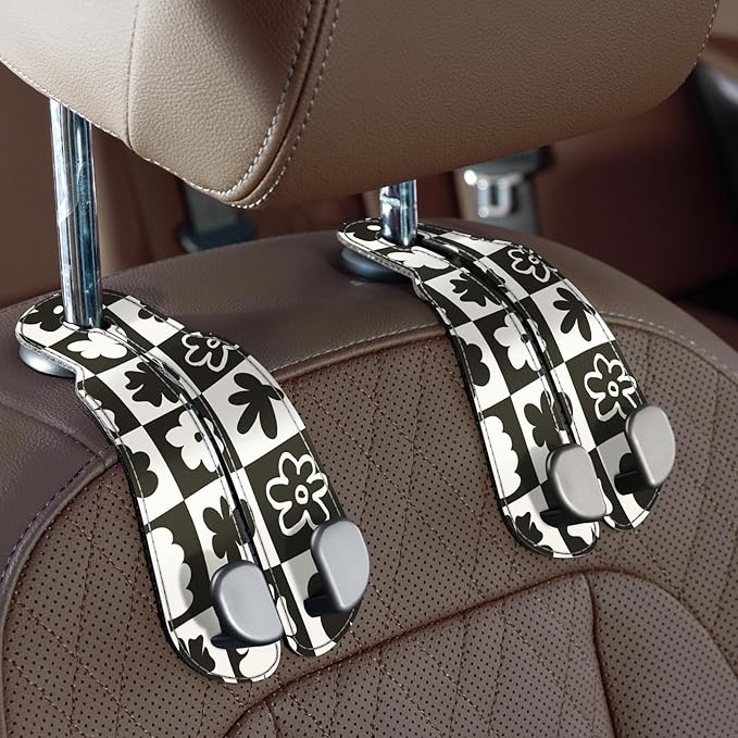 CoBak Purse Hook for Car - Universal Premium Stitched Leather and Aluminum-Magnesium Alloy Double Car Seat Back Storage Hook for Purses, Handbags, Bags (2 Pack),Chess Flower