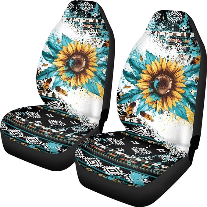 Vatenge Aztec Sunflowers Print Car Seat Cover Front Seats Only Full Set of 2, Universal Bucket High Back Car Front Seat Covers