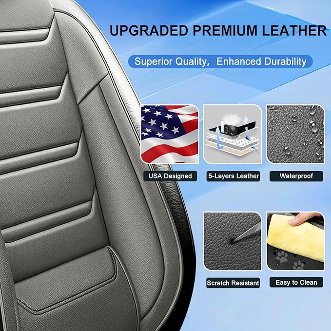 Fit Accord Car Seat Covers for Select Honda Accord 2012-2026 - Premium Full Coverage Leather, Airbag Compatible, Waterproof & All Weather Seat Protector, Full Set, Black+Gray