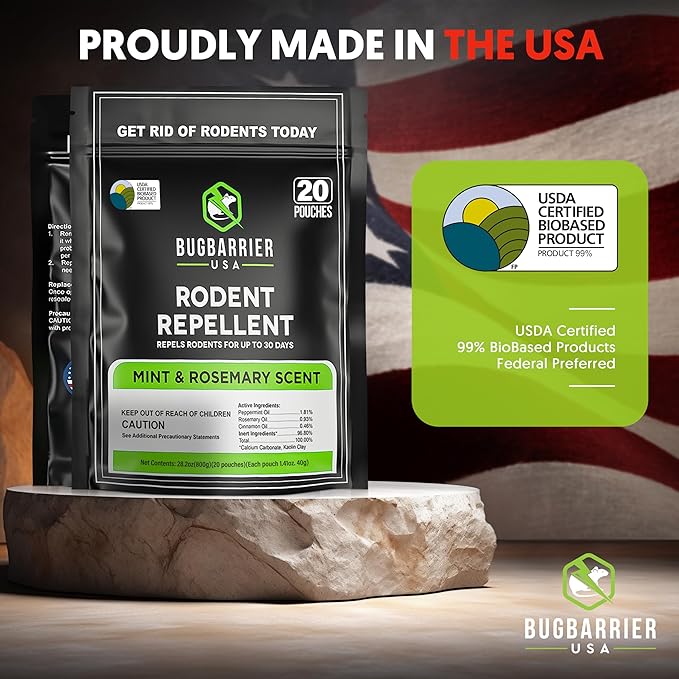 BugBarrier's Extra-Strength Mouse Repellent Deterrent Pouches, USDA 99% Biobased, Peppermint & Rosemary Oils Repel Mice Nesting in Car, RV, Boat, Garage, Shed, Cabin Made in The USA (Pack of 20)