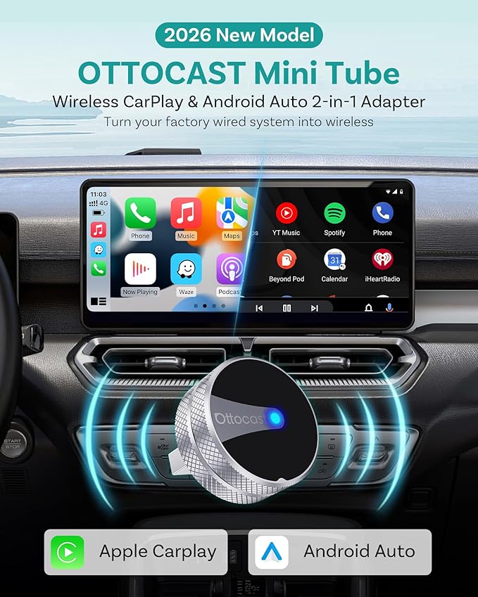 OTTOCAST Mini Tube Wireless CarPlay Android Auto Adapter 2026, Cut The Cord, Zero Lag 5GHz WiFi, Plug & Play for Factory Wired Apple CarPlay