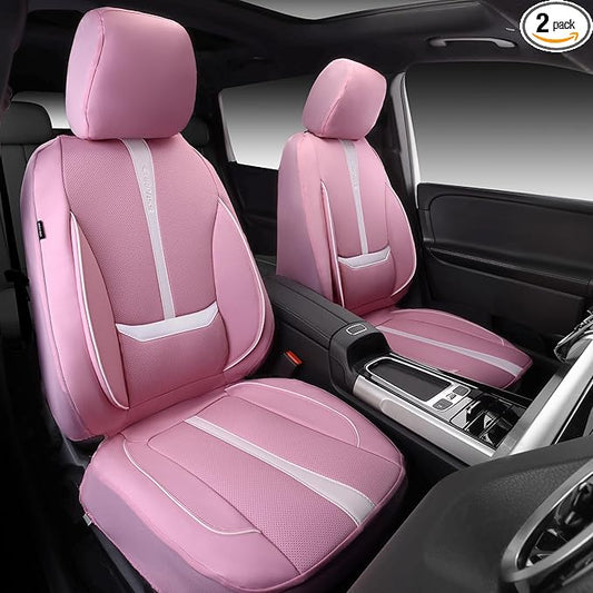 CAR PASS Nappa Leather Car Seat Covers, Cute Girly Water Resistant 3D Foam Faux Leather Seat Covers, Lumbar Support Automotive Seat Covers 2 Front Seats, Universal Fit for Cars SUV, Cute Pink White
