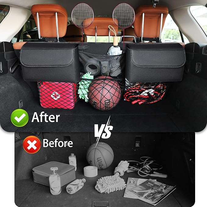 Deluxe Trunk Organizer for Car Small SUV, Backseat Hanging Trunk Organizer, Waterproof Collapsible Car Storage Bag with 6 Pockets, Reinforced No-Sag Design