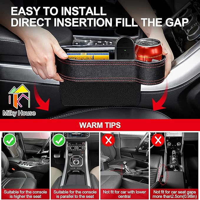 2 Set Car Seat Gap Organizer, Car Gap Filler Storage Boxes, PU Leather Front Seat Console Side Pocket Bags with Cup Holder 4 Hooks, Automotive Storage Box for Phone, Drinks, Cards, Sunglasses, Black
