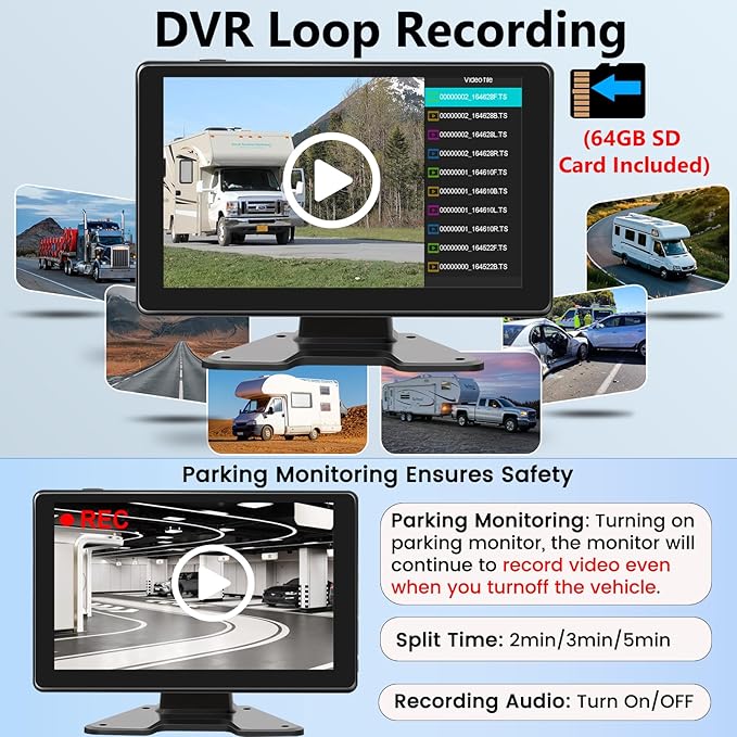 1080P Wired Backup Camera System for Truck/RV, 9" HD Touch DVR Quad Split Monitor 4 Side Rear View Cameras, 64GB Card Reverse Camera for Trailer/Tractor/Bus, Waterproof IR Night Vision Parking Line