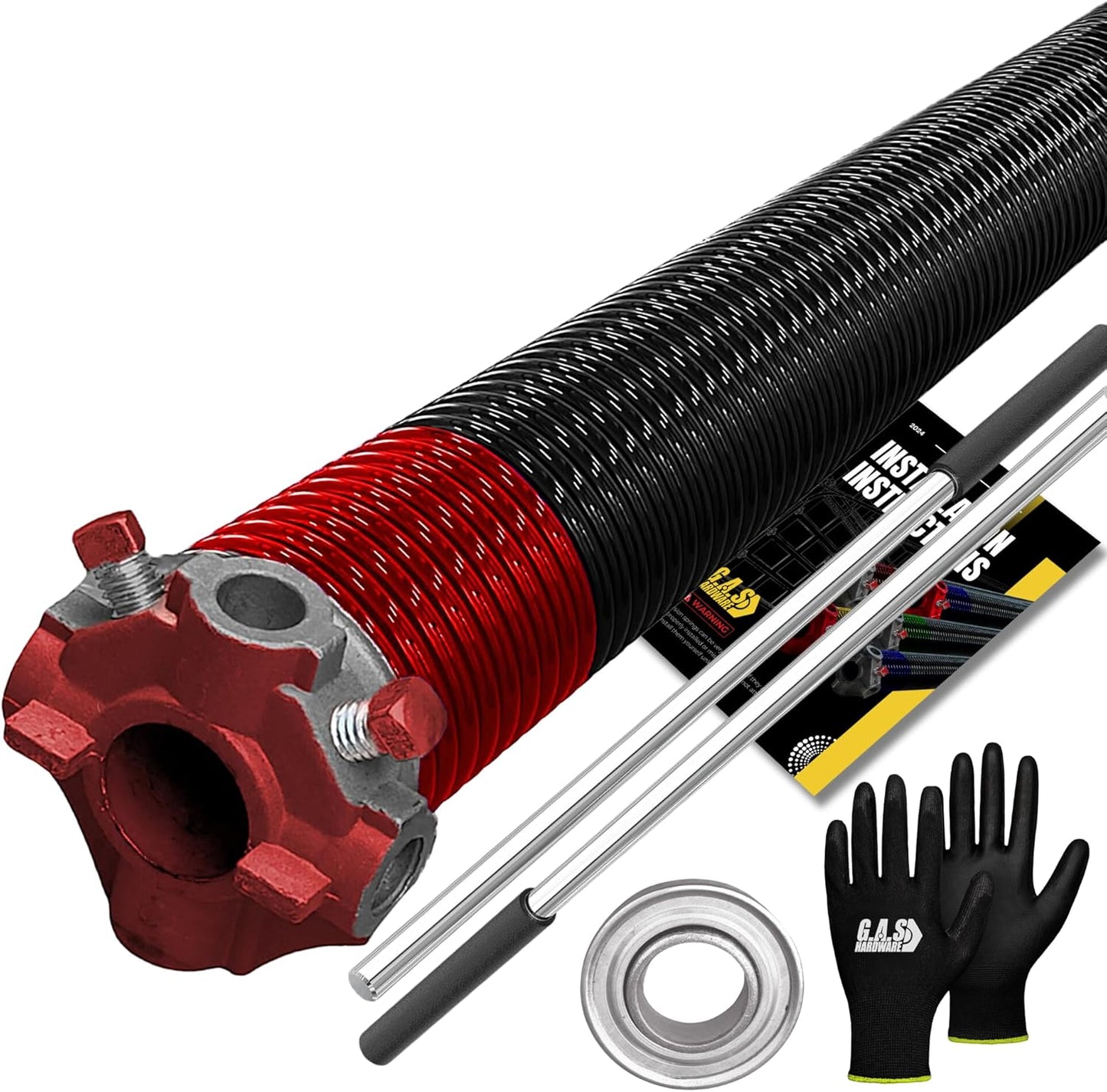 Garage Door Torsion Spring 225x2x27 Torsion Springs for Left Side of Garage Door with 1" Steel Bearing, Gloves, and Winding Bars Precision E-Coating 5-Year Warranty Minimum 30,000 Cycles (Red Cone)