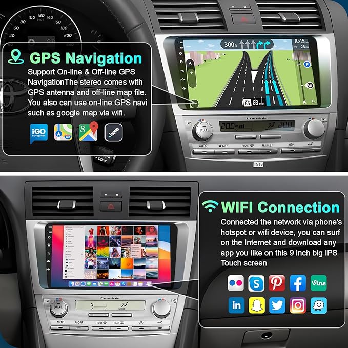 4G+64G Car Radio Stereo for Toyota Camry 2006-2011, Wireless Carplay&Android Auto with Android 13 Support Bluetooth/Voice Control/GPS/WiFi/Back-up Camera/SWC/FM, 9 Inch IPS Touch Screen
