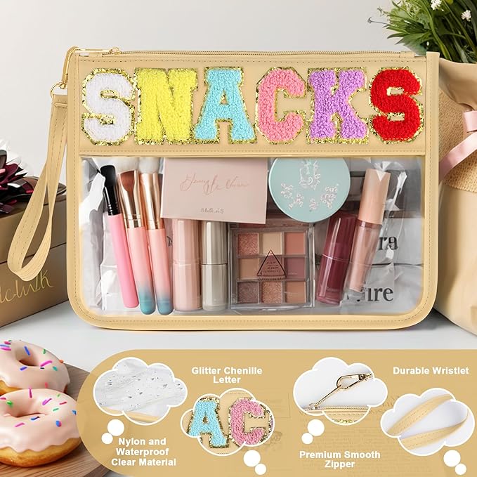 Snack Bag for Travel - Clear Chenille Varsity Letter Flat Pouch with Zipper, 12.2×8.46 inch Waterproof Clear Nylon Preppy Patch Makeup Cosmetic tote Bags for Women Girls