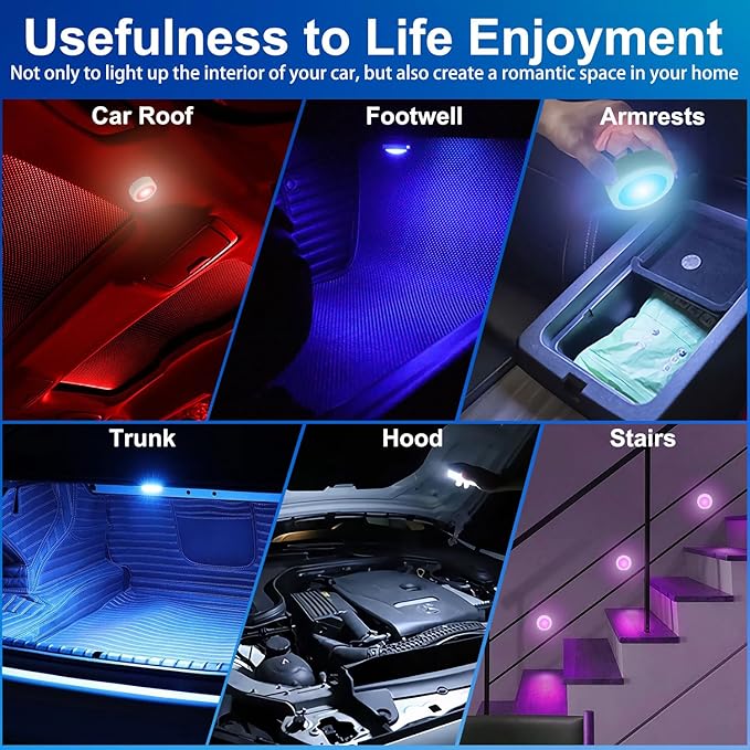 4PCS Wireless Car LED Lights with Remote Control, 16 Colors Interior Car Led Puck Lights, Rechargeable Ambient Lighting Kit with Dimmer & Timer, Inside Night Lamp for Vehicle Home Decoration