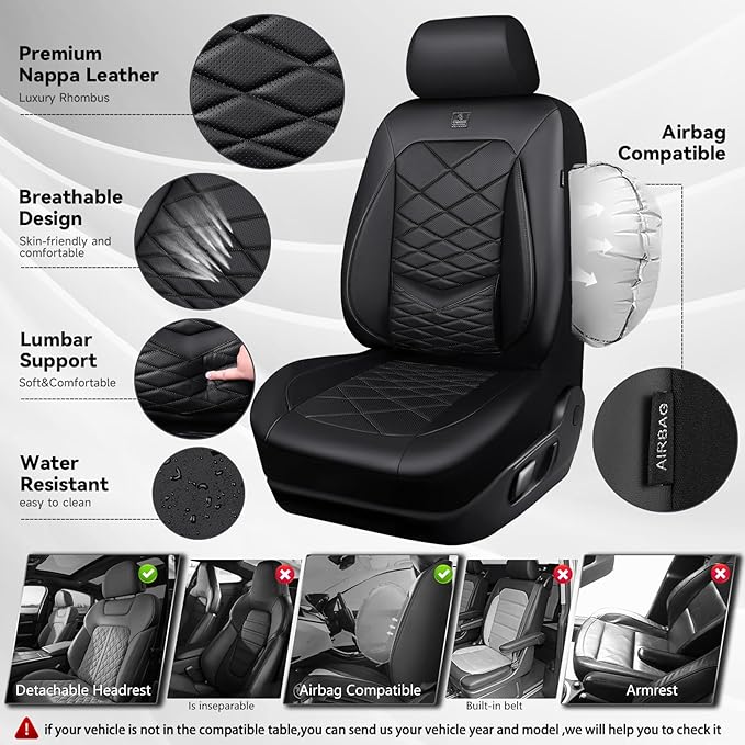 CAR PASS Luxury Nappa Leather Front Seat Covers, Waterproof 3D Foam Seat Covers with Lumbar Support, Breathable Auto Seat Cover Airbag Compatible Universal Fit for Sedan SUV Van Truck, All Black