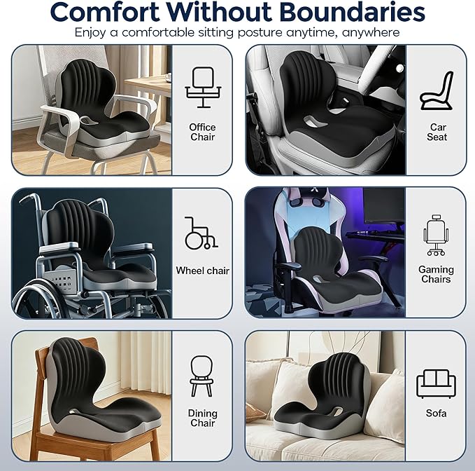 Seat Cushion for Office Chair Car, L-Shaped Ergonomic Seat Cushions,Memory Foam Orthopedic Cushion with Coccyx Hollow,Lumbar Support & Tailbone Pain Relief for Car, Truck, Home,Dark Gray & Light Gray