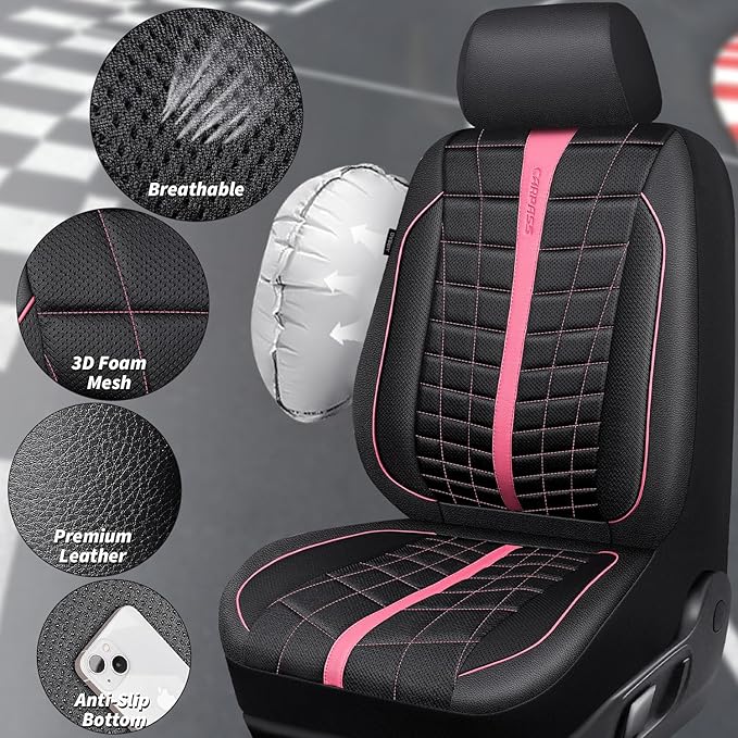 CAR PASS 3D Air Mesh Seat Covers for Car, Leather Car Seat Cover Front Seats, Breathable Foam Premium Leather Mesh Front Seat Covers Universal Fit for Cars Sedans Trucks Vans SUVs, Black Pink