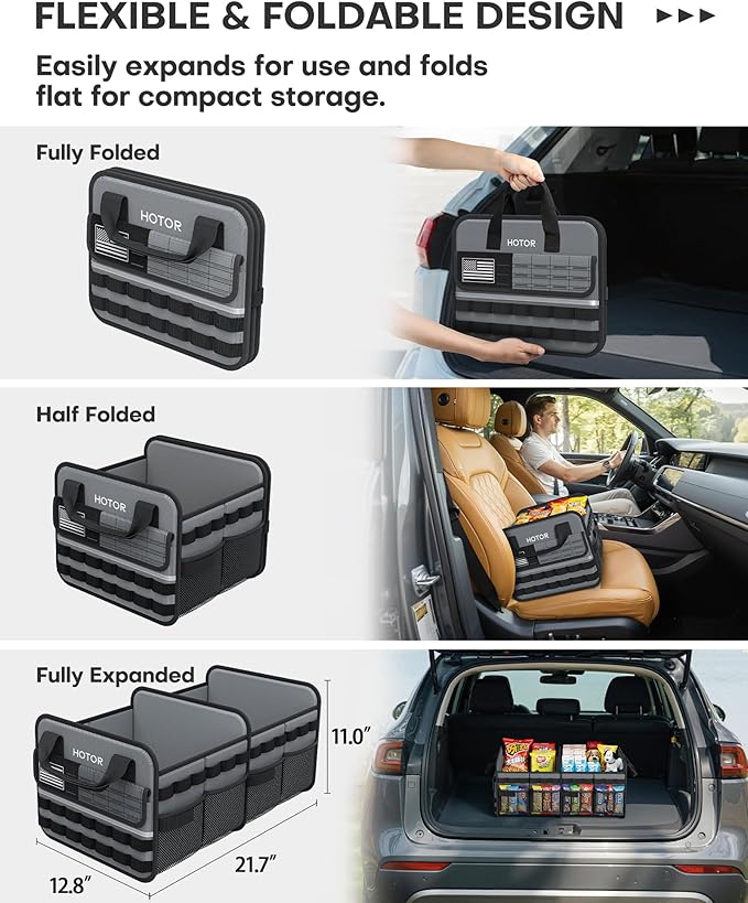 HOTOR Tactical Car Trunk Organizer - Foldable Trunk Organizer for SUV with Front MOLLE Pocket & Reflective Strips, Essential Car Accessories for Tools & Outdoor Storage, 12.8" x 21.7" x 11.0", Grey