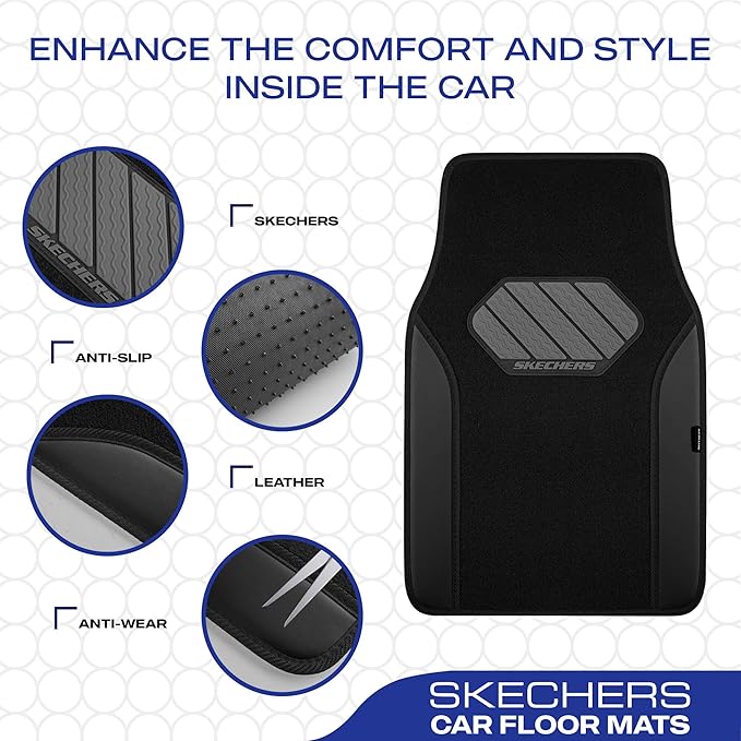 Skechers Car Floor Mats,Waterproof Universal Fit Faux Leather Car Mats,Floor Mats for Cars with Anti-Slip Heel Pad,Fit for SUVs,Vans,Sedans,Trucks,Black