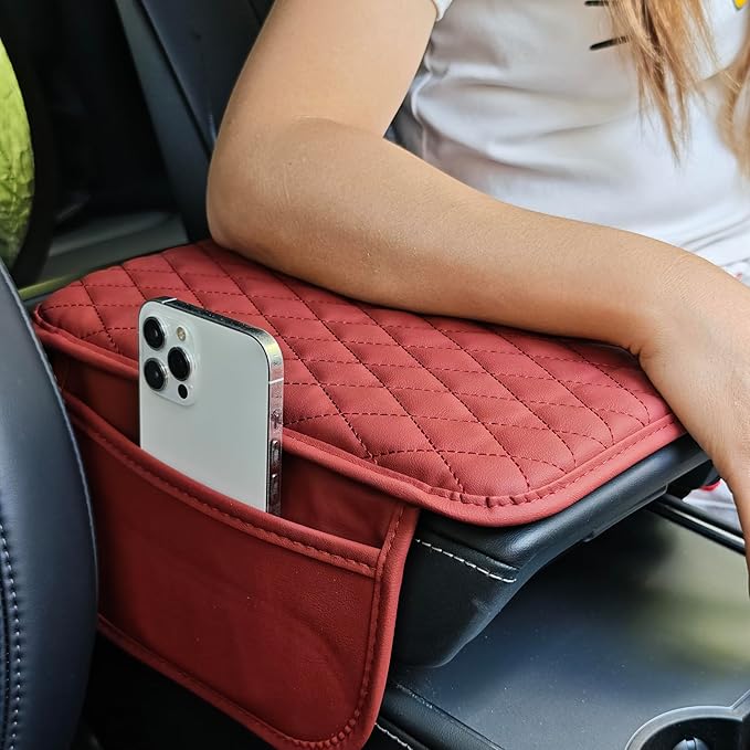 Car Center Console Cover,Microfiber Leather Car Armrest Cover Cushion with Storage Bags, Universal Car Armrest Storage Box Car Interior Accessories for Most Vehicles, Red