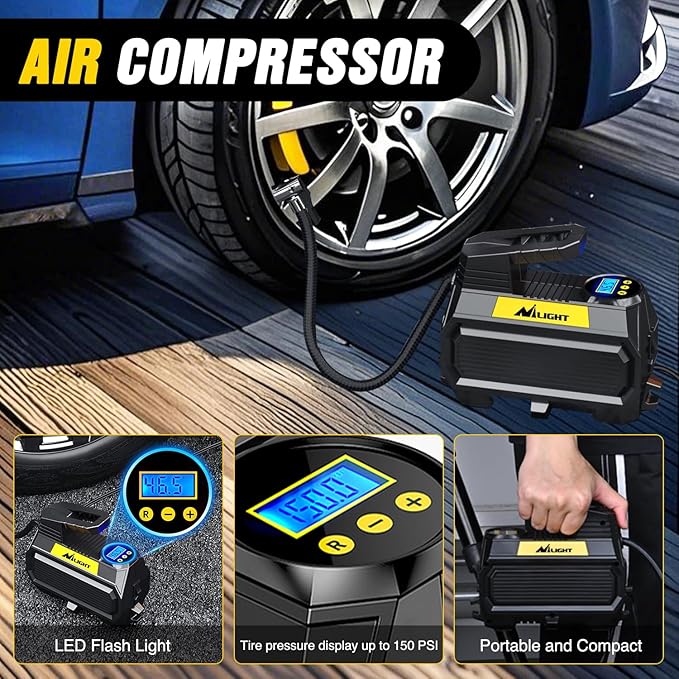 Nilight Car Emergency Kit with Jumper Cable Air Compressor Tire Repair Essential Tools First Aid Alligator Connector Electrical Kit for Travel Camping Outdoor Cars Truck SUV RV