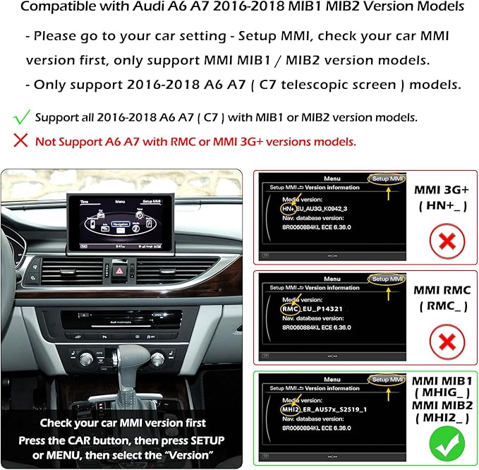 Wireless CarPlay + Android Auto + Mirroring Retrofit Decoder Box Kit, USB Stick Playback, Compatible with Audi A6 A7 C7 from 2016-2018 with MIB Version