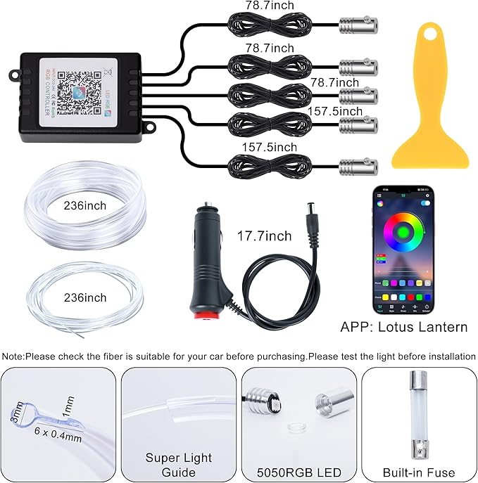 LED Lights for Car Interior - 5 in 1 Wireless Ambient Lighting Kit with 236" Fiber Optic, 16 Million Colors, APP Music Sync - Car Neon Lights for Cars, Trucks, SUVs（Cigarette）