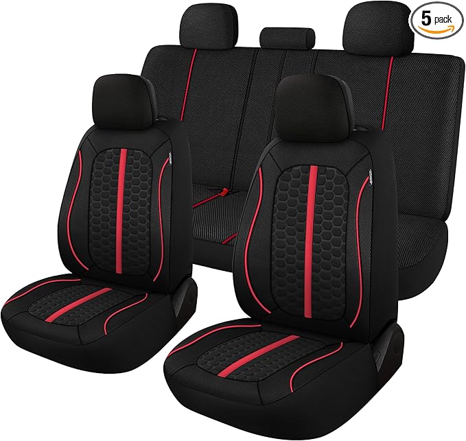 Breathable Premium Car Seat Covers Full Set，3D Air-Mesh Seat Covers for Cars，Comfortable Safety Airbag Compatible，Universal for Most Cars Sedan Truck SUV(Black/Red)