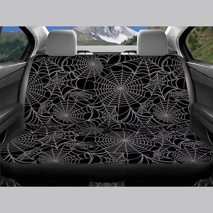 KEIAHUAN Halloween Spider Web Front and Back Car Seat Covers Front Saddle Blanket Rear Split Bench Protection Cover Fit Most Vehicle Truck,SUV (Black)