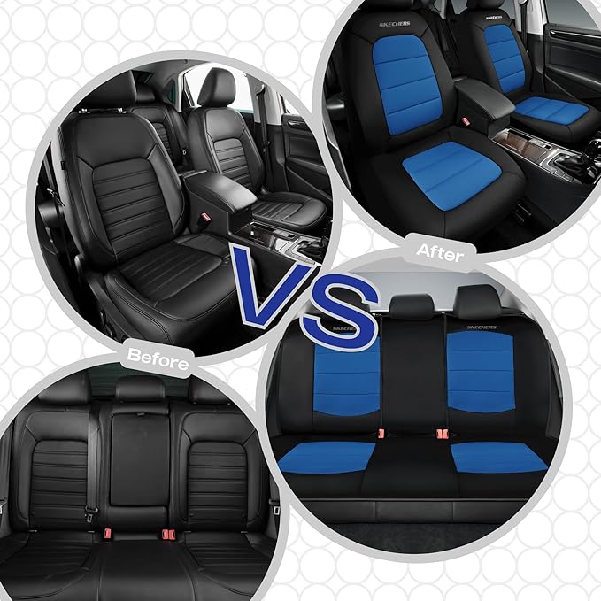 Skechers Memory FoamCar Seat Covers,Thick Cool Touch Fabric Seat Covers,Seat Cover Full Sets Airbag Compatible,Automotive Comfort Protection for Most Cars,Vans,Trucks,SUV,Blue