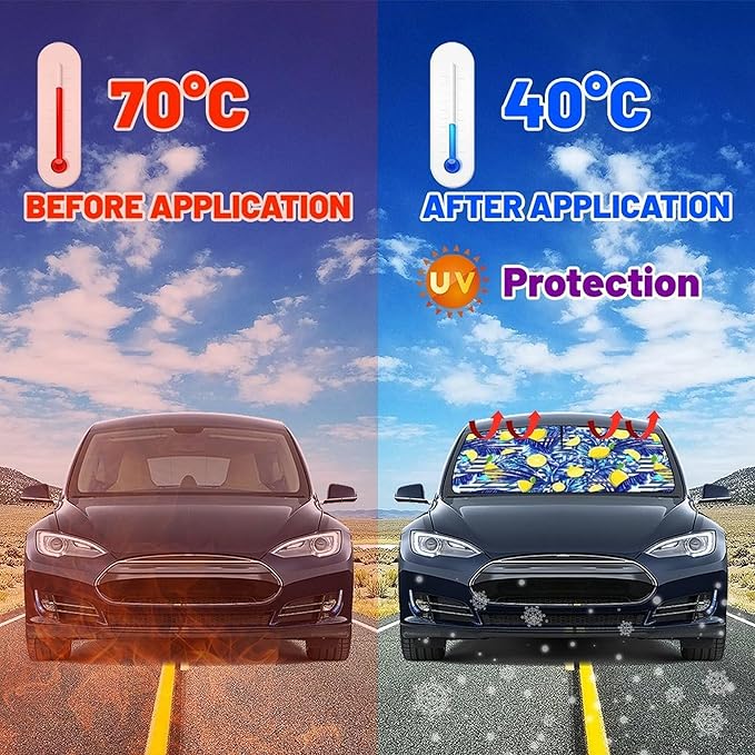 CHILL·TEK Funny Car Windshield Sun Shade Umbrella, Yellow Lemon Car Sun Shade Umbrella, Block UV Rays Heat Foldable Windshield Umbrella Sun Visor Protector - Keep Vehicle Cool for Cars SUV