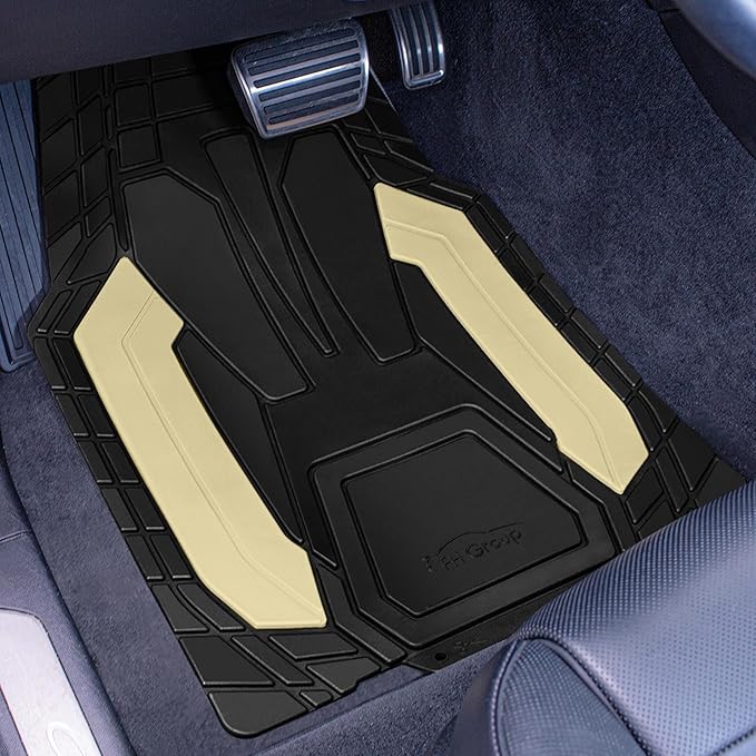 FH Group Automotive Floor Mats, Heavy-Duty Rubber, Stripe Design, Universal Fit Full Set, Trimmable Climaproof Floor Mats for Most Sedan, SUV, Truck, Beige