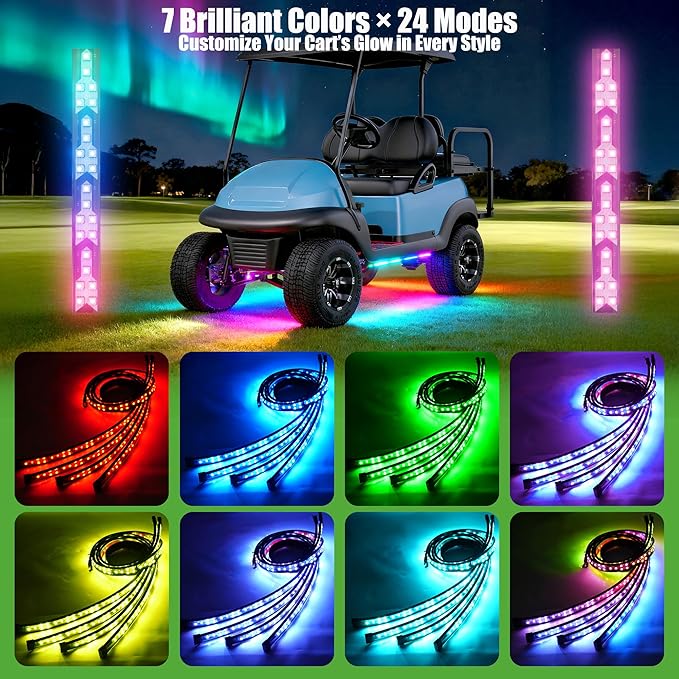 10L0L Golf Cart Underglow LED Light Kit, 4PC Flexible Neon Strip Lights with 14 Modes, Music Sync, Waterproof Remote Control Underbody Glow for EZGO, Club Car, Yamaha