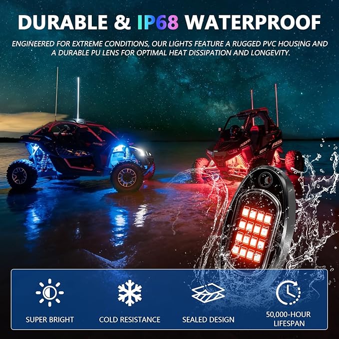 MONDEVIEW 8 Pods RGB LED Rock Lights for Jeeps Trucks Golf Carts & UTVs, Waterproof Underglow Kit with APP Control, Music Mode, 12V Underbody Neon Lights for Cars, ATV, RZR, SUV, Offroad Vehicles