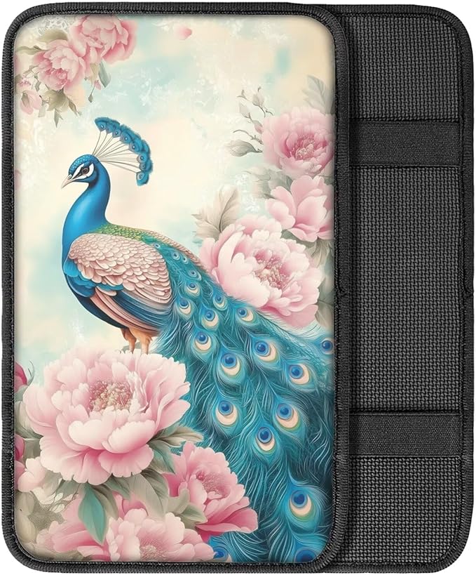 Suobstales Peacock Pink Flower Print Car Armrest Pad Soft Center Console Arm Rest Protector Cover Universal Car Interior Accessories Decoration