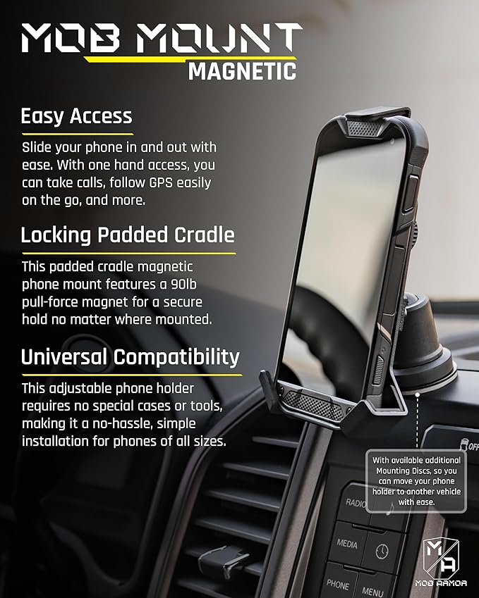 Mob Armor Heavy Duty Magnetic Phone Mount for Car - Universal Car Phone Holder for iPhone & Android, Strong Magnet for Off-Road & Commercial Vehicles, Cell Phone Car Accessories for Women & Men