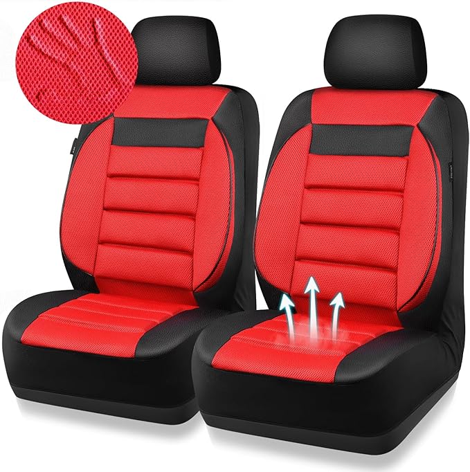 CAR PASS 3D Foam Leather Car Seat Covers Two Front Seats only, Air Mesh Thick Seat Covers, All Weather Car Seat Cover Comfort & Protection for Truck,SUV,Sedan,Van, Airbag Compatible (Black Red)