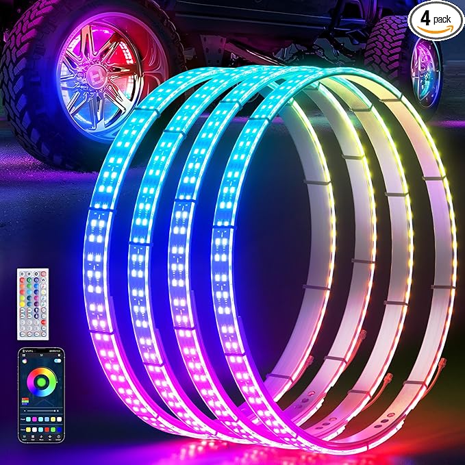 Ehaho 14''-18'' Double Row Adjustable Wheel Lights, Brighter RGB Chasing Rim Lights with App, Music Wheel Ring Light with Turn & Braking Signal Compatible with Various Trucks SUV Car（4PCS）