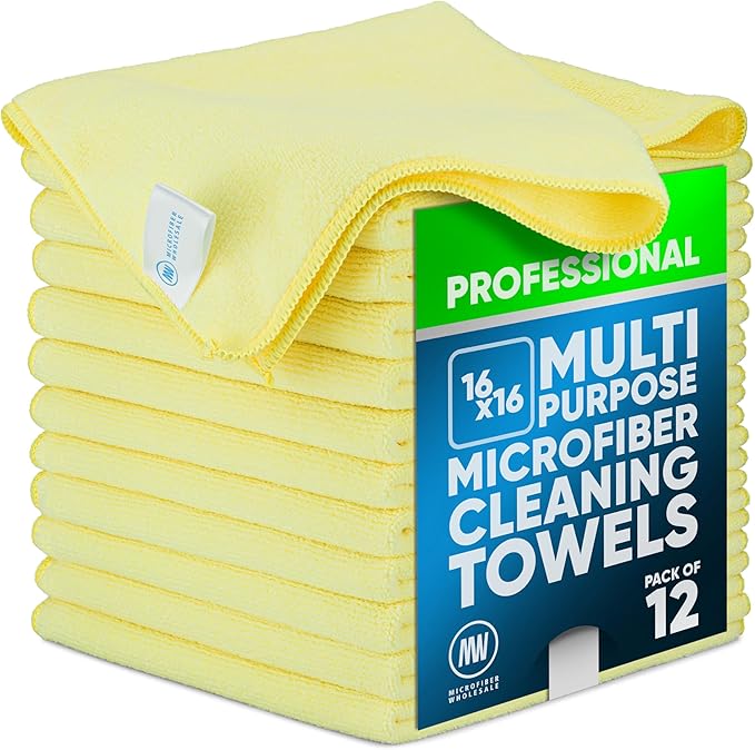 Microfiber Wholesale MW Pro 16x16 Commercial Cleaning Rags - Professional Janitorial Supplies for Dusting, Office & Heavy Duty Cleaning - Multi-Surface Dusters (Yellow, 12-Pack)