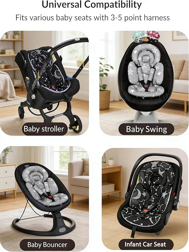 Infant Car Seat Insert with Removable Cushion for Preemie to Toddler, Reversible Newborn Carseat Insert for Baby Head Body Support, Fits for Stroller, Baby Swing, Bouncer (Black Star)